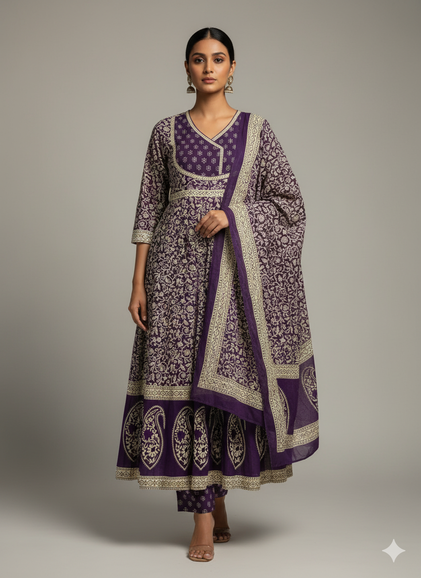 Ethnic Print Anarkali Kurta Set with Dupatta