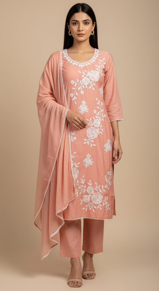 Peach White Embroidered Cotton Suit Set with Dupatta