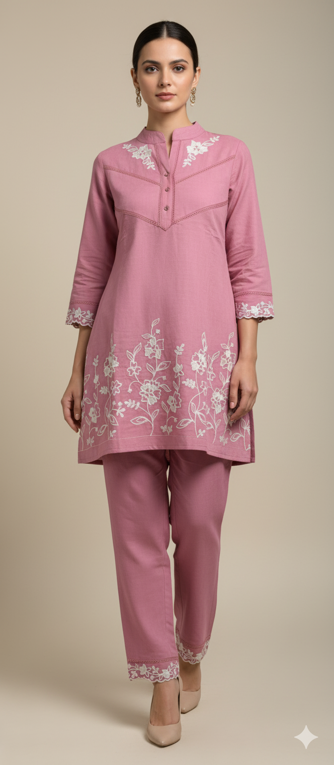 Dusty Rose Cotton Suit Set with White Floral Embroidery