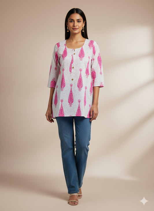 White & Pink Printed Short Kurti