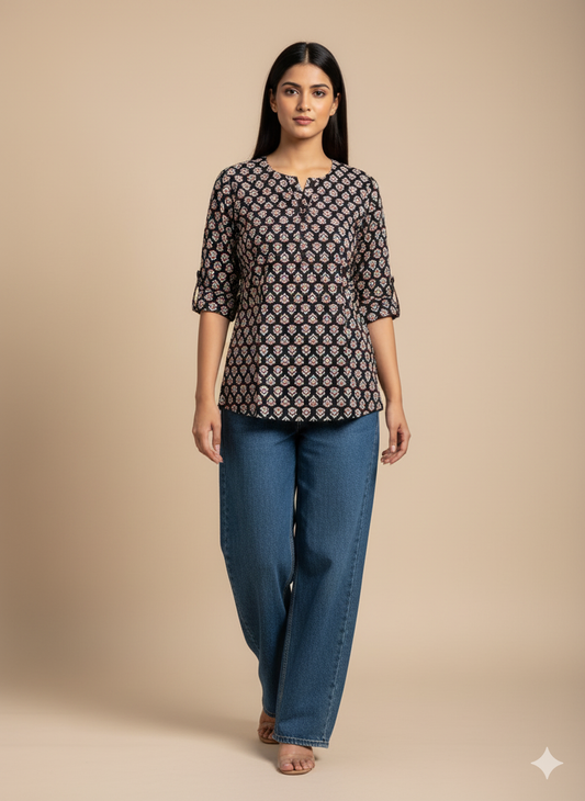 Black Floral Block-Printed Short Kurti