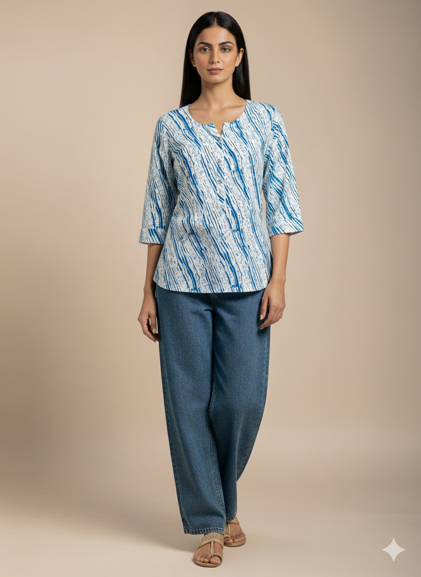 Blue Abstract Printed Short Kurti