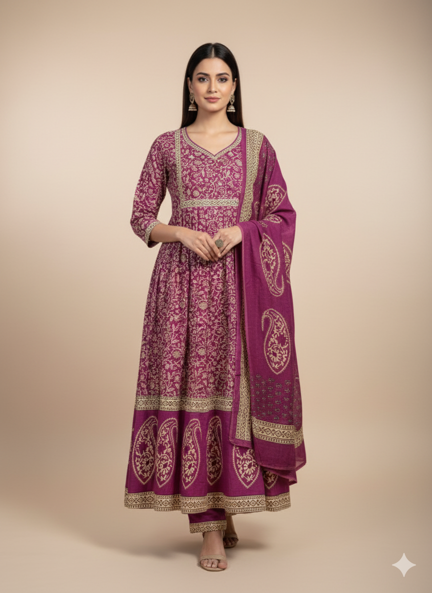 Ethnic Print Anarkali Kurta Set with Dupatta