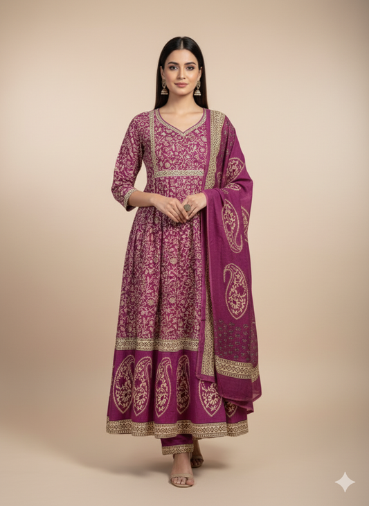 Ethnic Print Anarkali Kurta Set with Dupatta