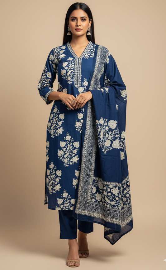Indigo Blue Handblock Printed Cotton Suit Set with Dupatta