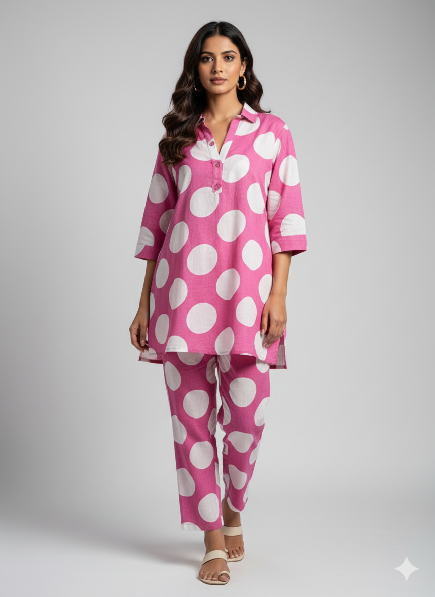 Pink Polka Dot Kurta Set