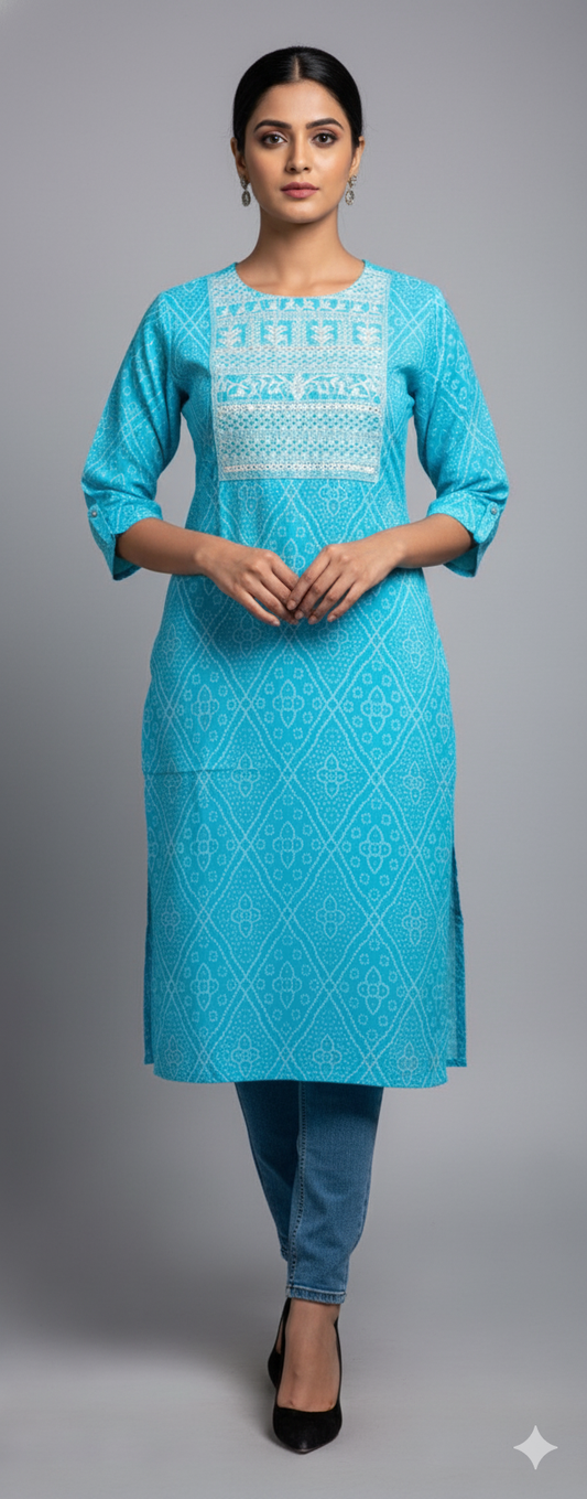 Sky Blue Cotton Kurti with White Thread Embroidery
