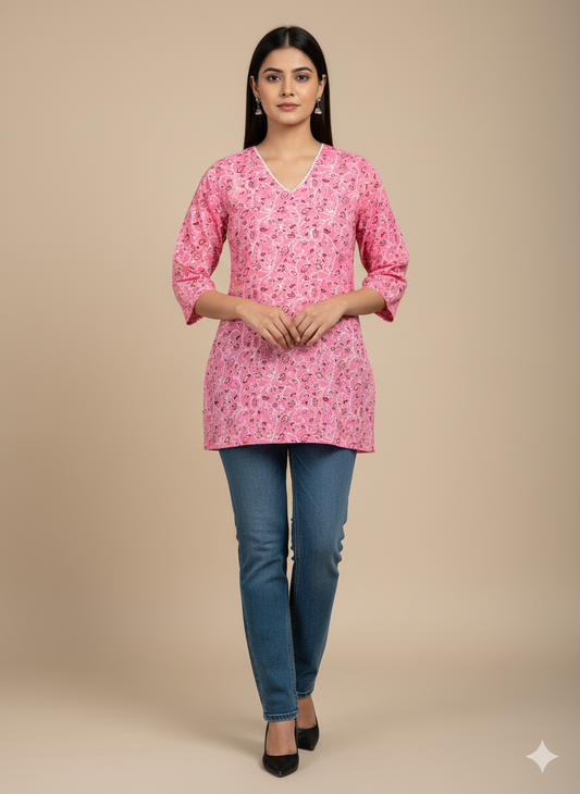 Pink Paisley Printed Short Kurti