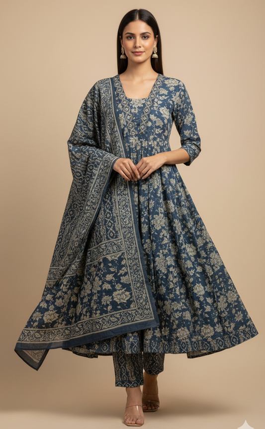 Indigo Blue Handblock Printed Cotton Anarkali Suit Set with Dupatta