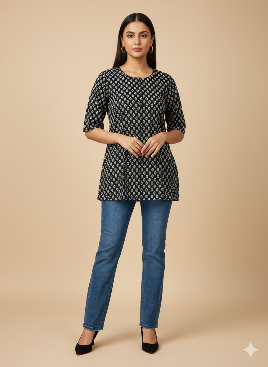 Black Printed Short Kurti