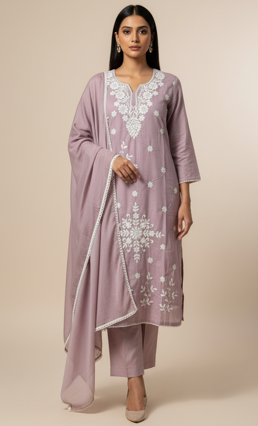 Mauve White Embroidered Cotton Suit Set with Dupatta
