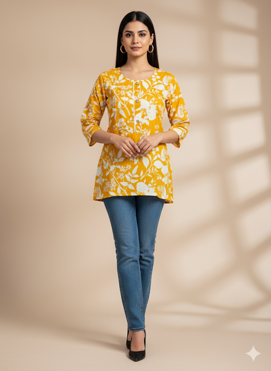 Yellow Floral Printed Short Kurti