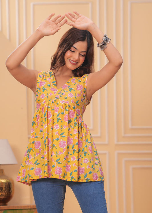 Yellow Floral Sleeveless Cotton Peplum Top