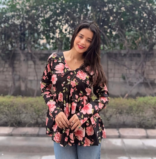 Black Floral Peplum Cotton Top