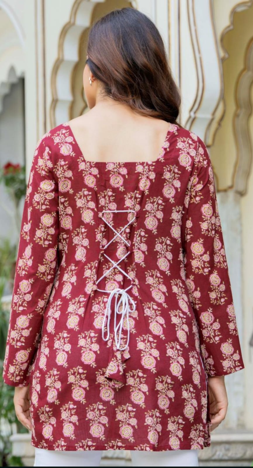 Maroon Floral Block Print Back Tie Top