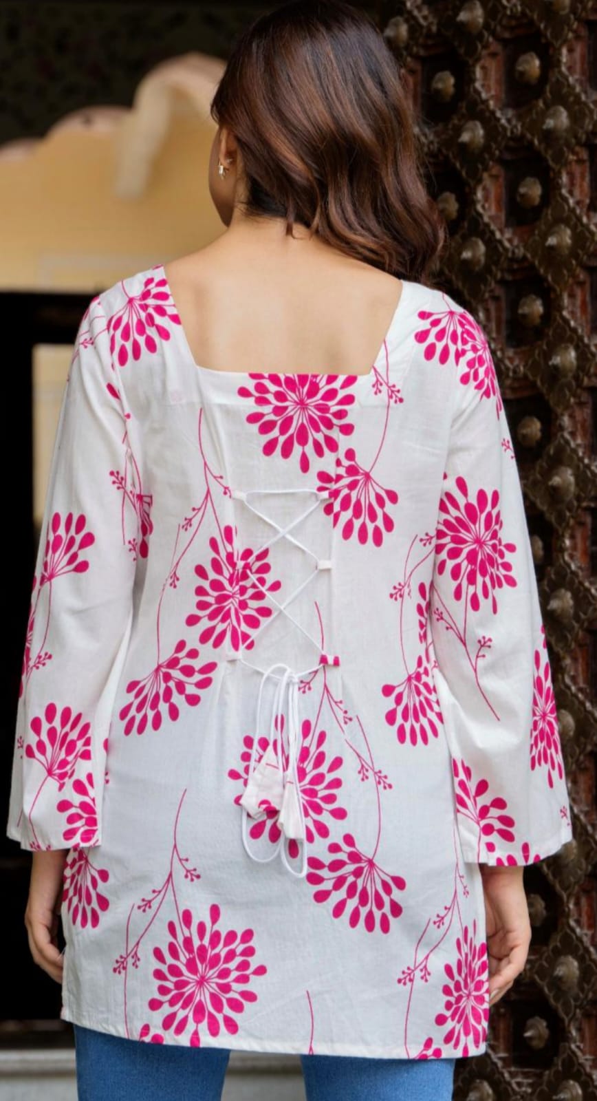 White & Pink Floral Block Print Back Tie Top