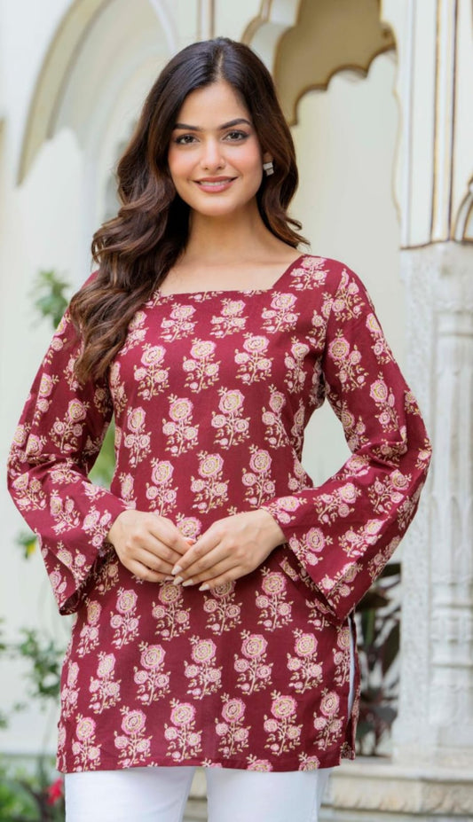 Maroon Floral Block Print Back Tie Top