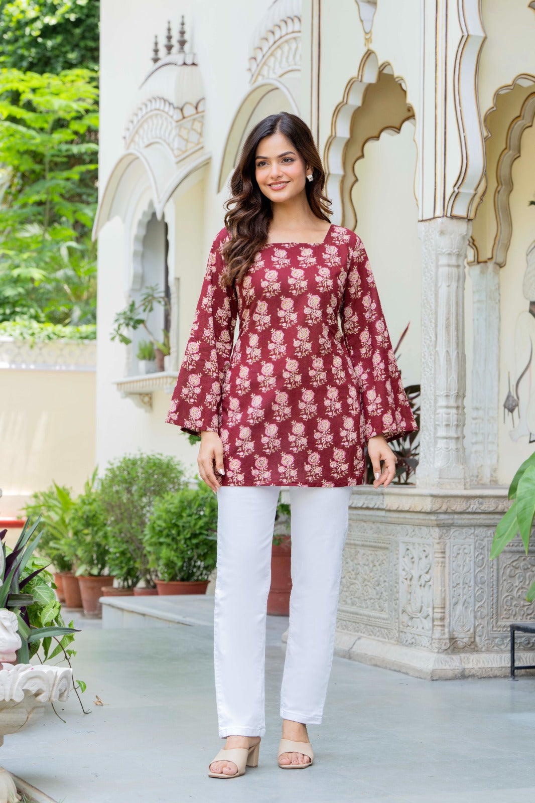 Maroon Floral Block Print Back Tie Top