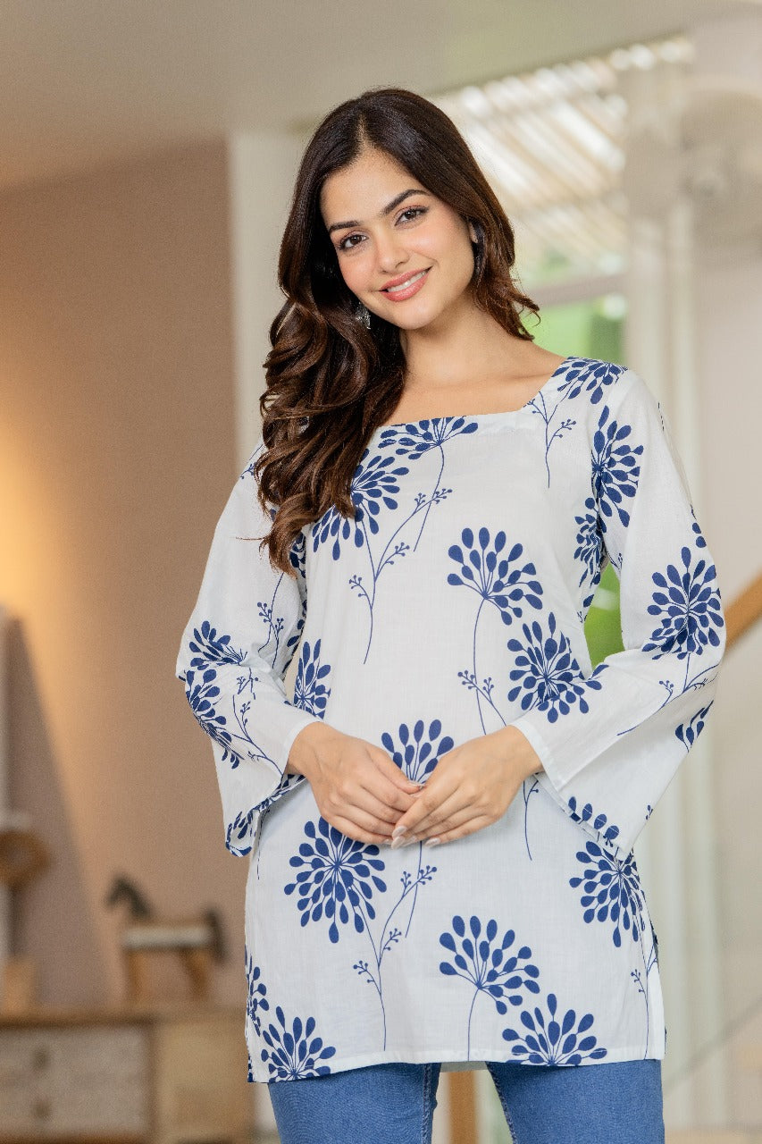 White & Blue Floral Block Print Back Tie Top