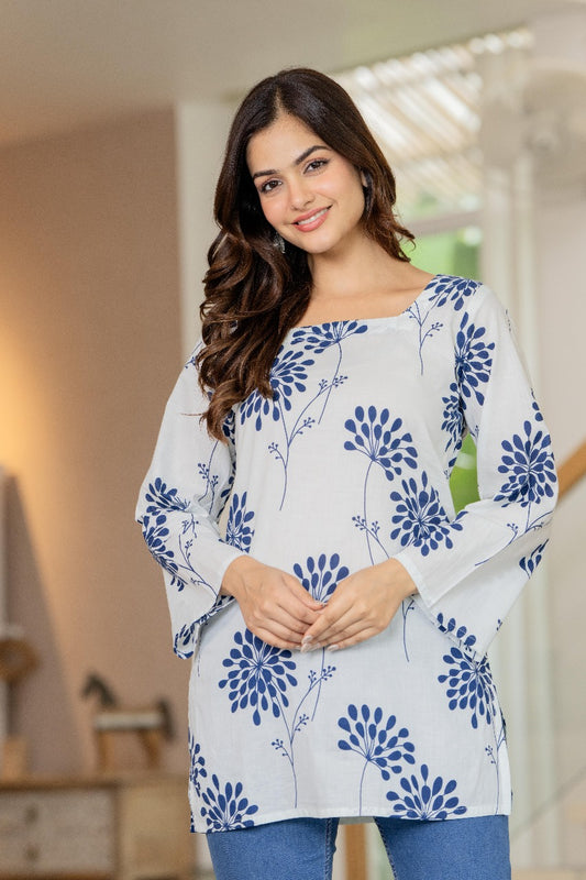 White & Blue Floral Block Print Back Tie Top