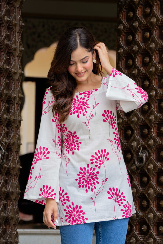 White & Pink Floral Block Print Back Tie Top