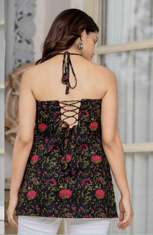 Black Floral Halter Neck Back Tie Top