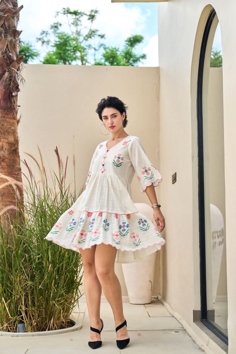 White Khadi Dress with Multicolor Floral Embroidery