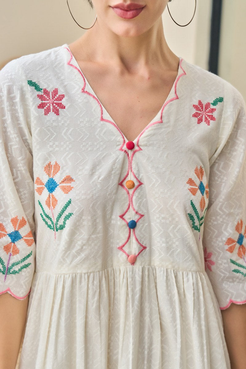 White Khadi Dress with Multicolor Floral Embroidery
