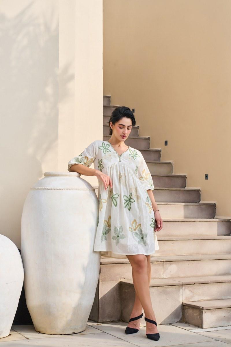 White Khadi Dress with Green & Mustard Floral Embroidery