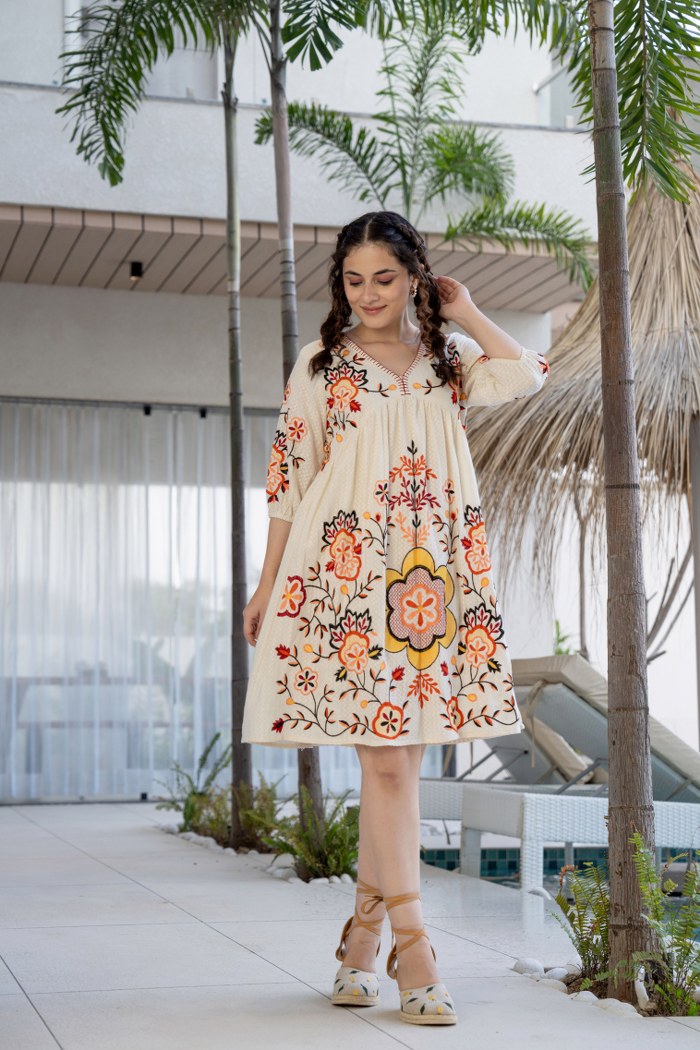 Off-White Khadi Dress with Orange & Yellow Floral Embroidery