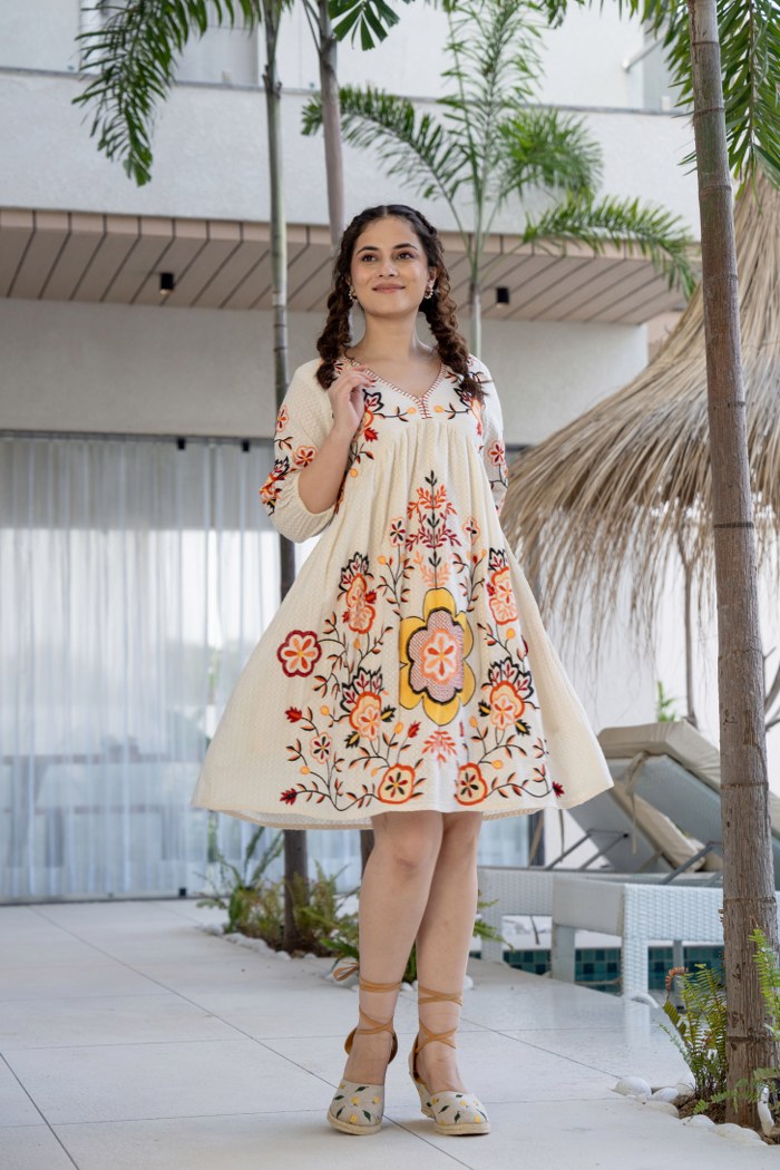 Off-White Khadi Dress with Orange & Yellow Floral Embroidery