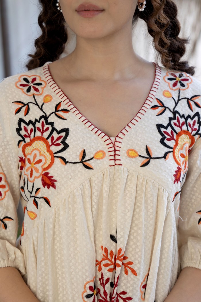 Off-White Khadi Dress with Orange & Yellow Floral Embroidery
