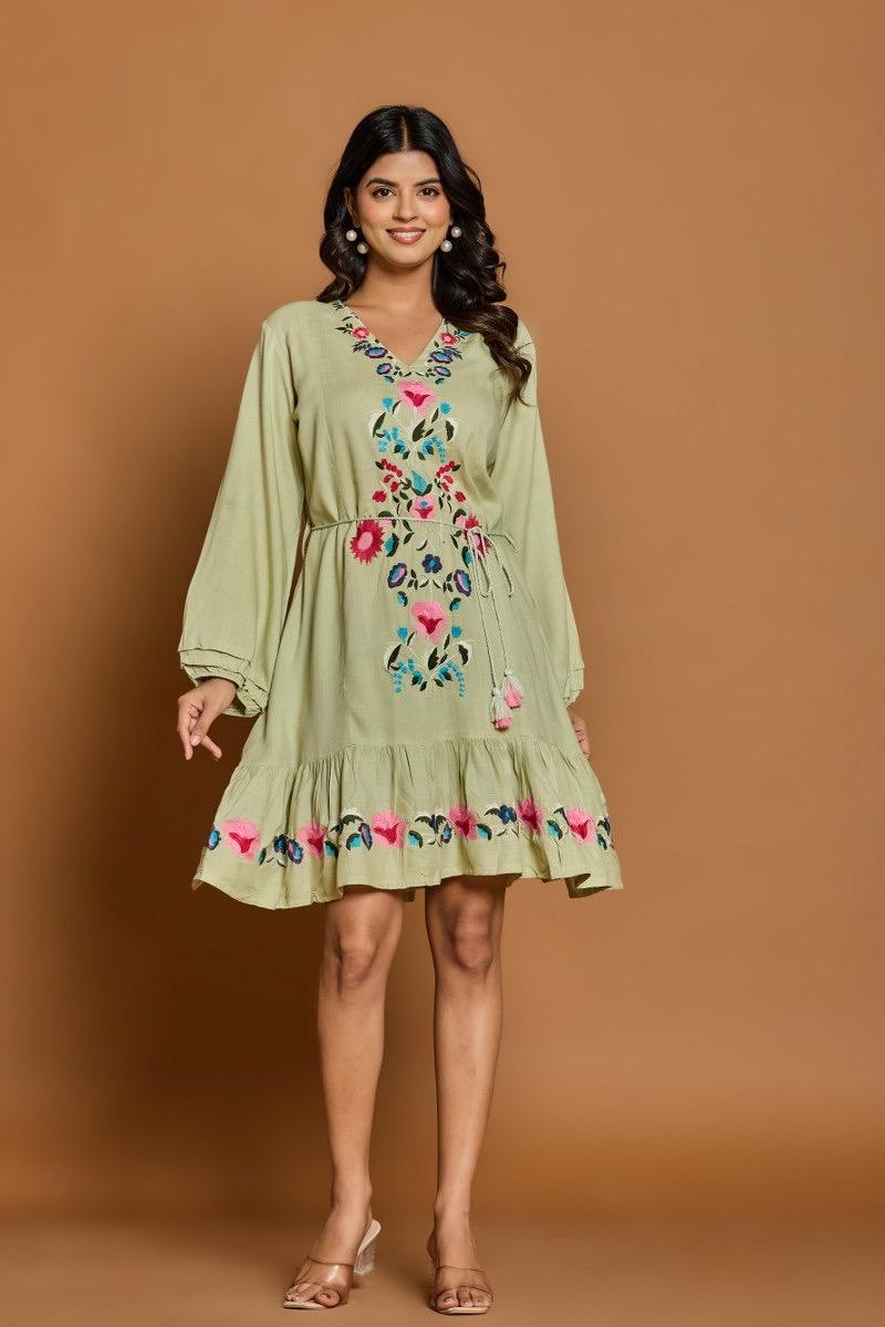Olive Green Cotton Dress with Multicolor Floral Embroidery