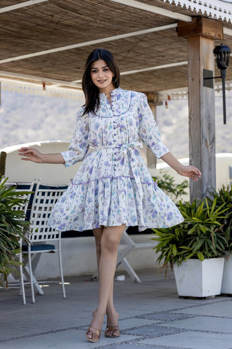 White Cotton Floral Dress with Lavender and Blue Print