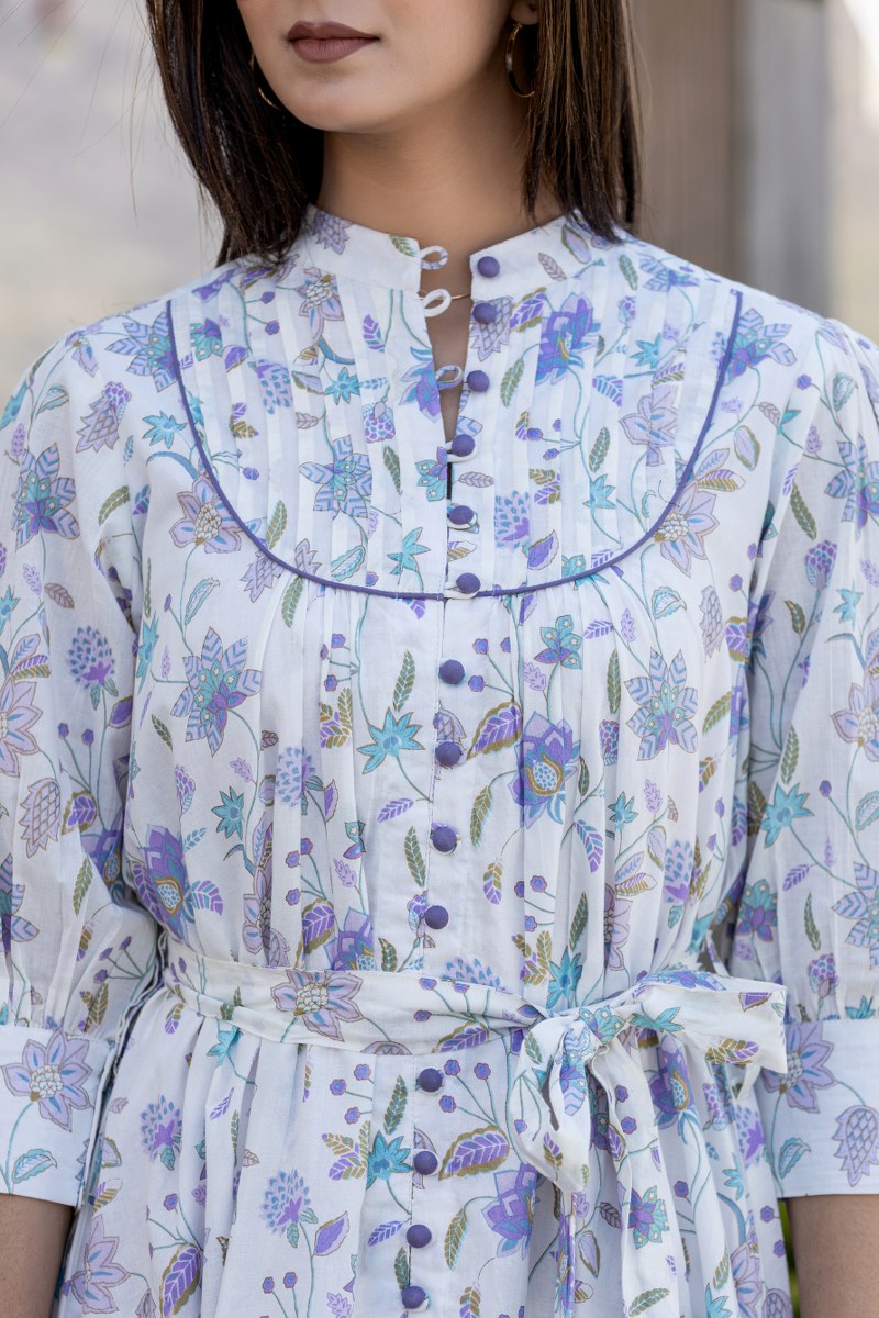 White Cotton Floral Dress with Lavender and Blue Print