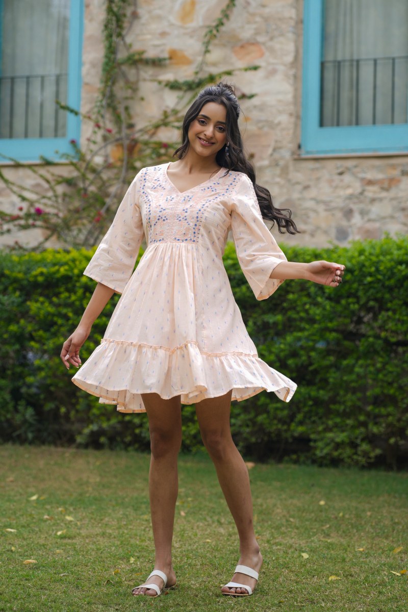 Peach Cotton Dress with Subtle Blue Thread Embroidery