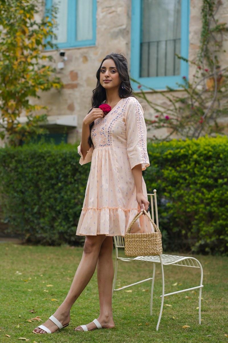 Peach Cotton Dress with Subtle Blue Thread Embroidery
