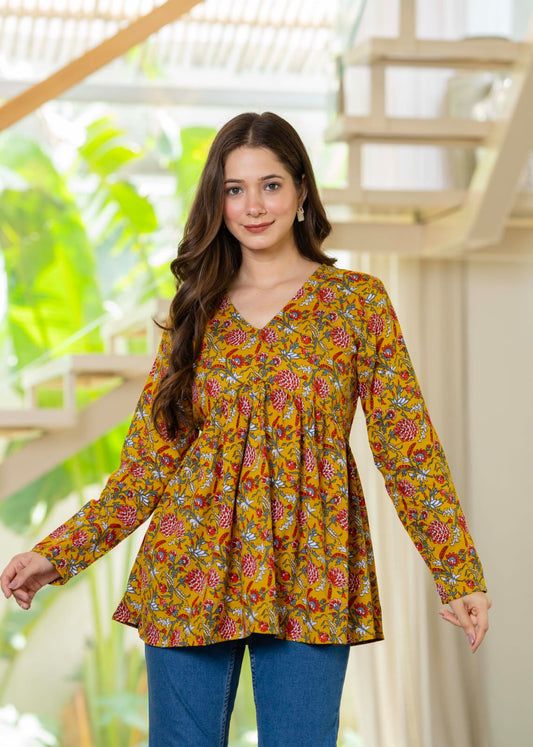 Yellow Floral Cotton Peplum Top