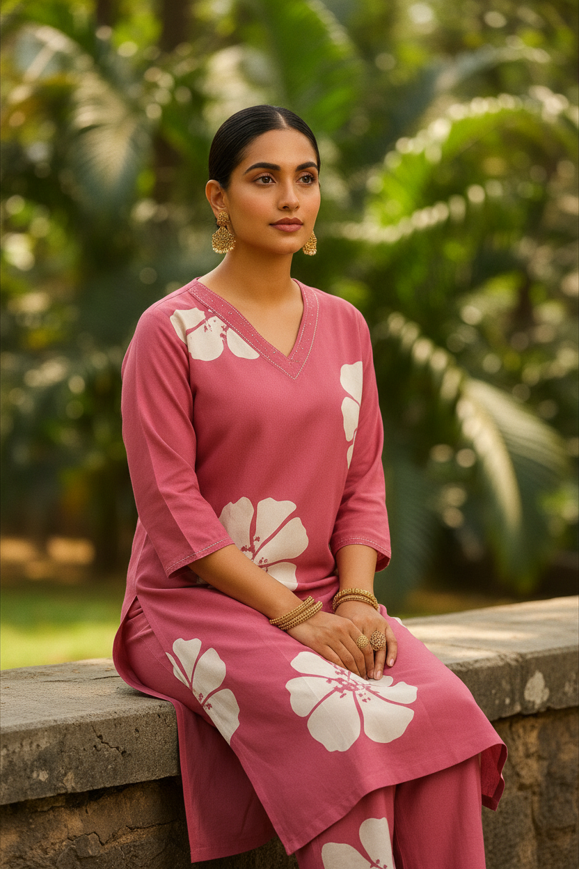 Ultra-HD editorial fashion image of![Ultra-HD editorial fashion image of a female model seated gracefully on a minimal stone ledge wearing elegant traditional Indian outfits, with soft blurred greenery in the background and natural sunlight creating a clean, high-fashion aesthetic